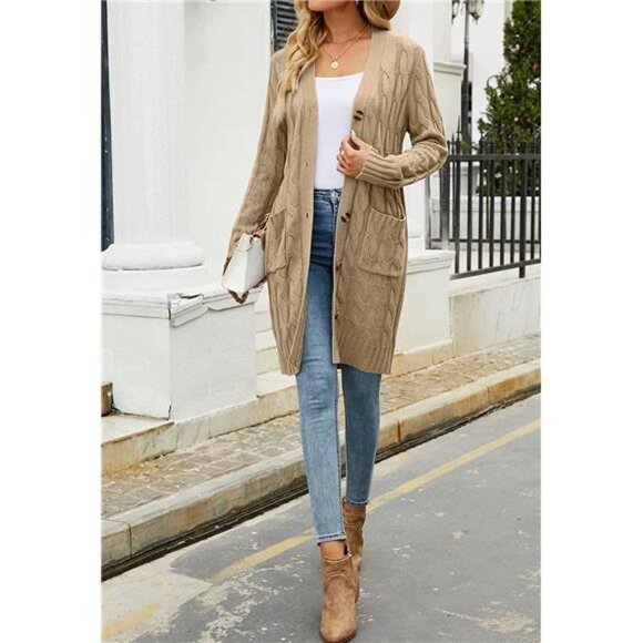 Women's Open Front Cable Knit Cardigan Button Down Long Sweater with Pockets - Picture 4 of 6